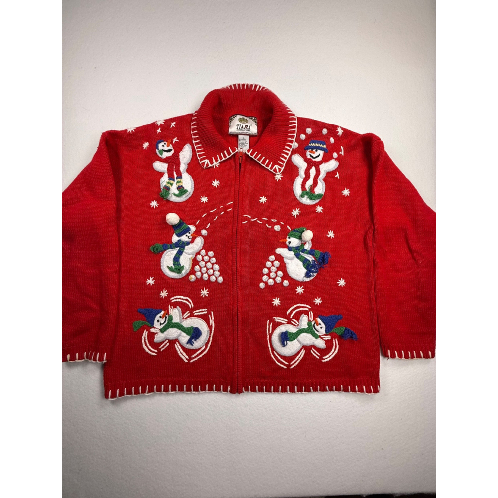 Tiara International Snowman Christmas Red Embroidered Zip-Up Cardigan Sweater L